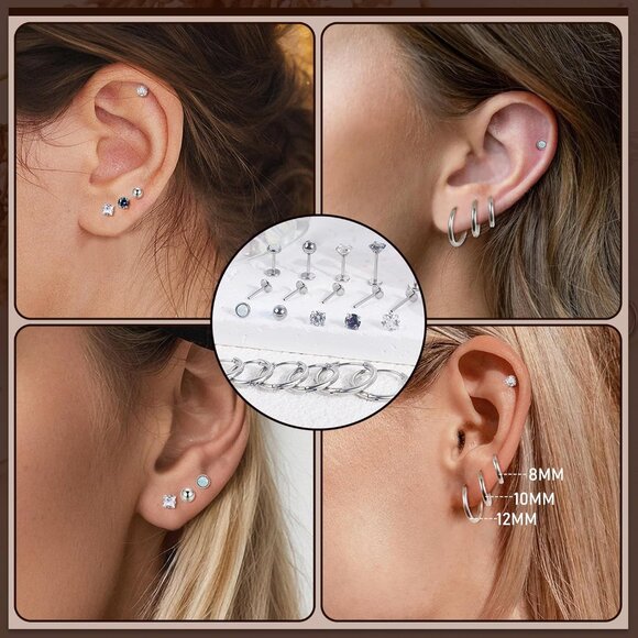 8 Pairs Stainless Steel CZ Opal Flat Back Hoop and Stud Earrings Set for Sensiti - Picture 5 of 6